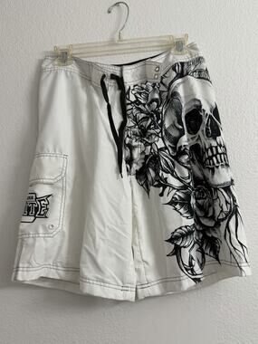 MMA Elite Board Shorts Mens Size 30 White Black Skull With Roses Y2K